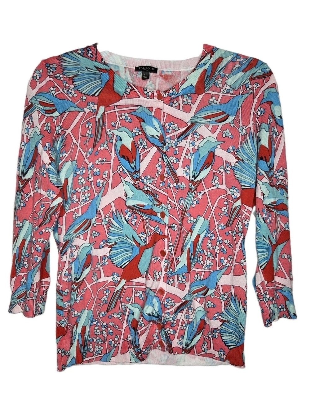 Talbots Hummingbird Novelty Print Cardigan Sweater Pink Blue 3/4 Sleeve Size SP